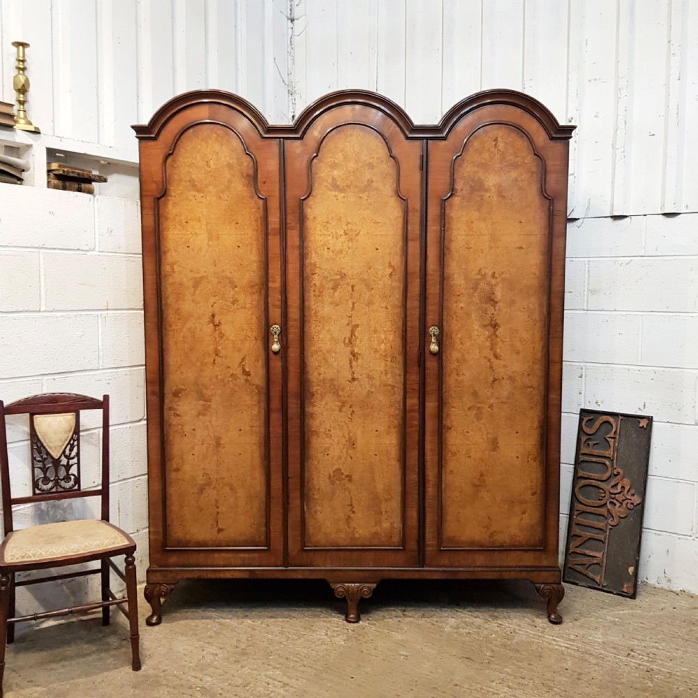 ANTIQUE BURR WALNUT DOME TOP TRIPLE WARDROBE C 1920