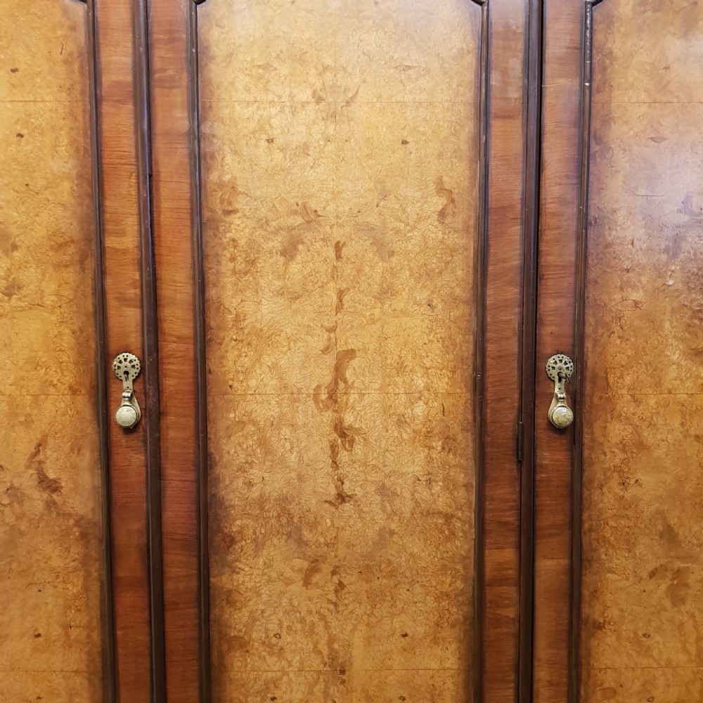 ANTIQUE BURR WALNUT DOME TOP TRIPLE WARDROBE C 1920 View III
