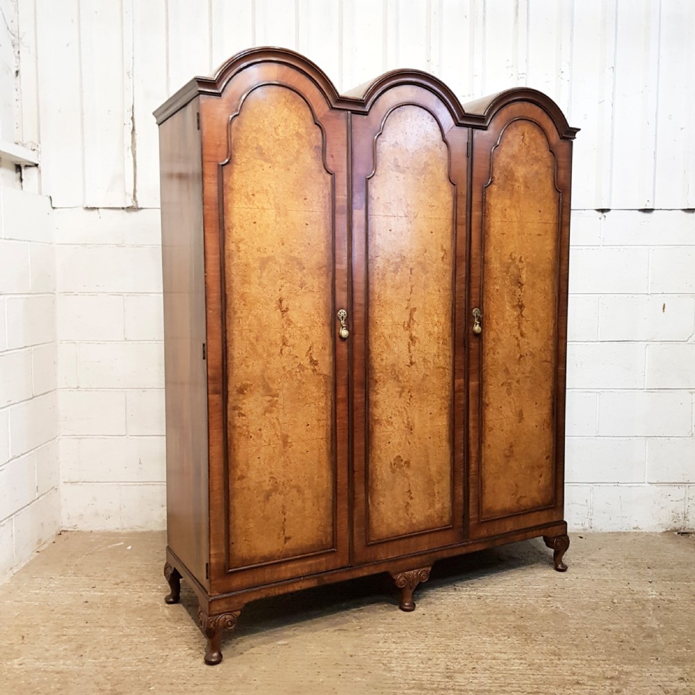 ANTIQUE BURR WALNUT DOME TOP TRIPLE WARDROBE C 1920 View VI