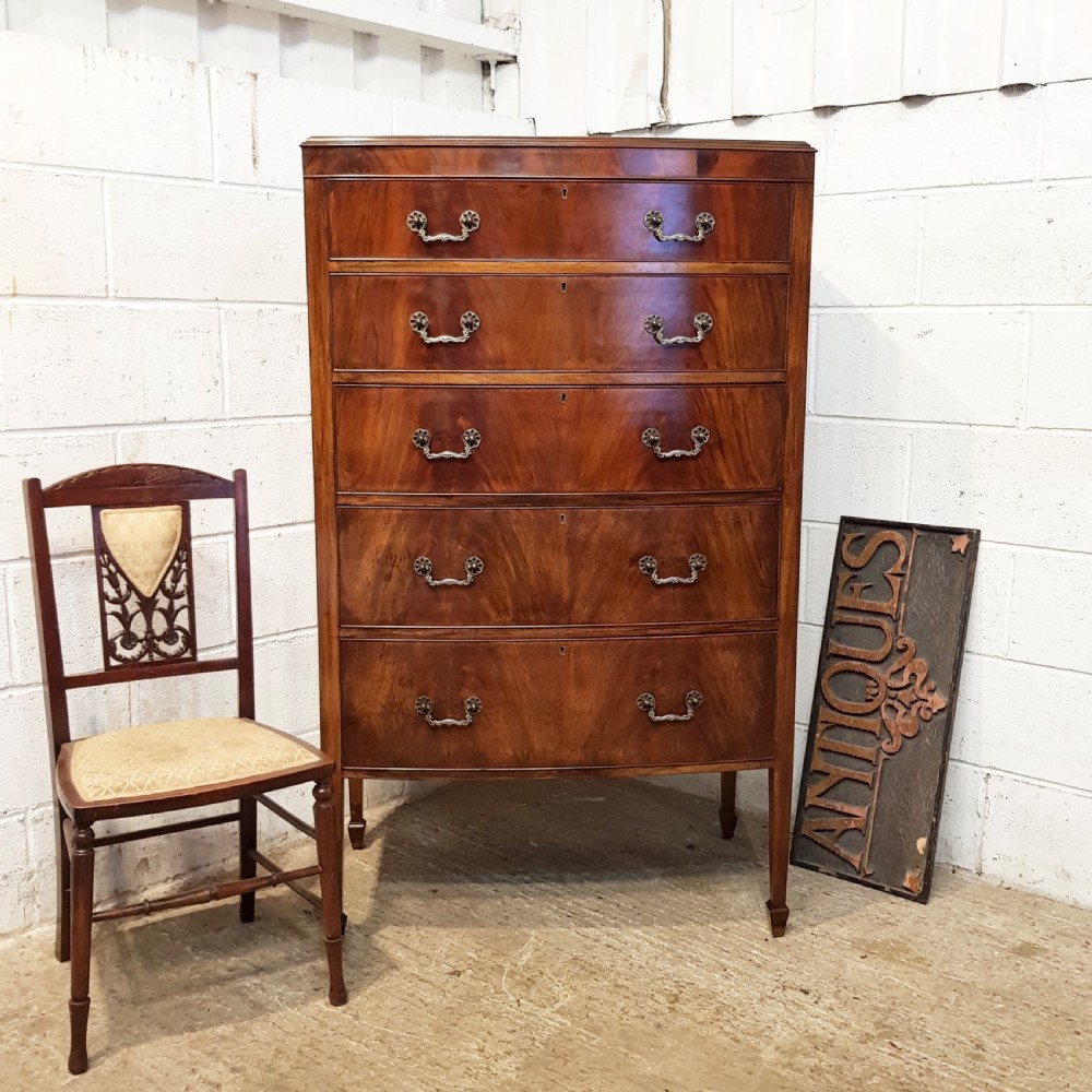 ANTIQUE EDWARDIAN MAHOGANY BOW FRONT TALL BOY CHEST OF DRAWERS C1900