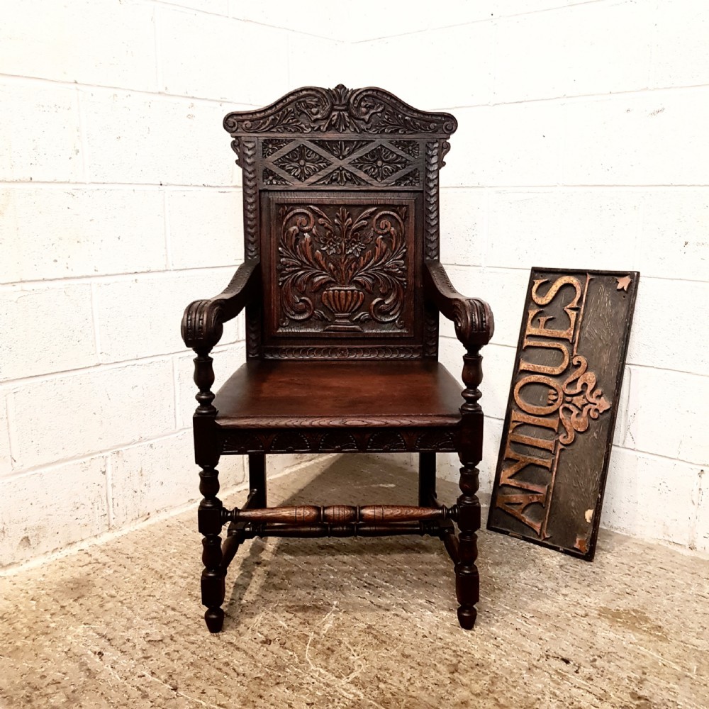 ANTIQUE EARLY VICTORIAN CARVED OAK WAINSCOT  CHAIR C1850