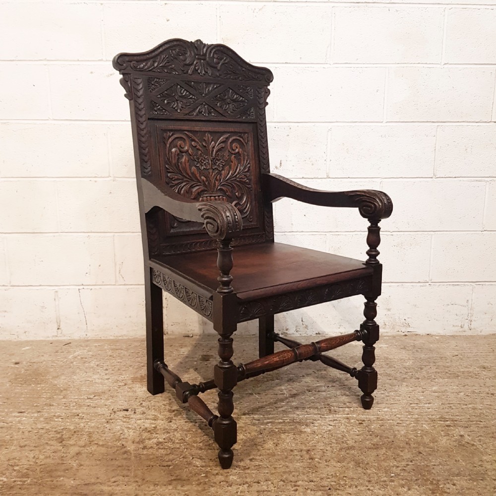 ANTIQUE EARLY VICTORIAN CARVED OAK WAINSCOT  CHAIR C1850 View V