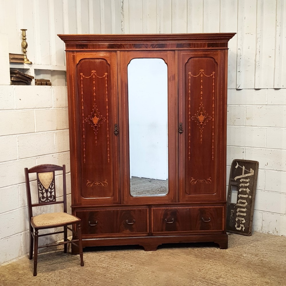 ANTIQUE EDWARDIAN INLAID MAHOGANY TRIPLE WARDROBE C1900