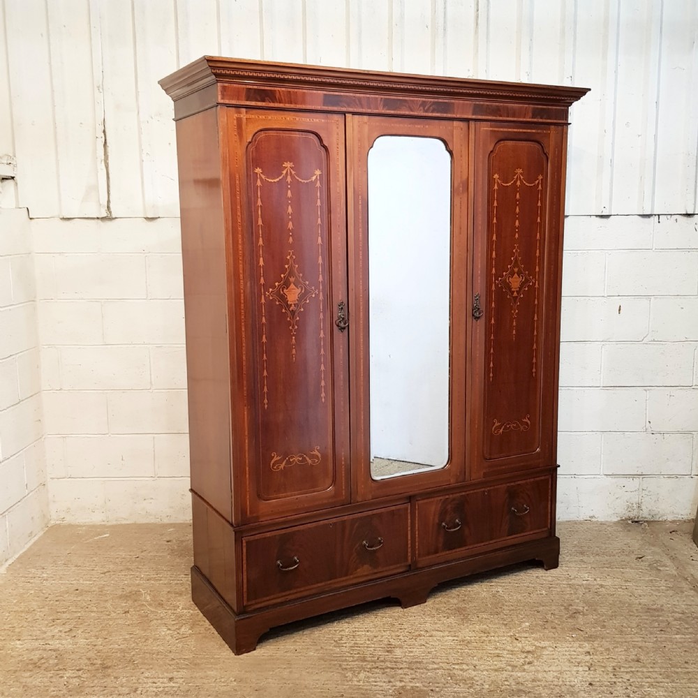 ANTIQUE EDWARDIAN INLAID MAHOGANY TRIPLE WARDROBE C1900 View II