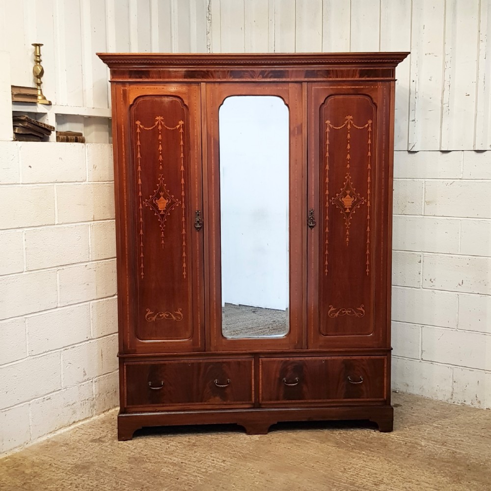 ANTIQUE EDWARDIAN INLAID MAHOGANY TRIPLE WARDROBE C1900 View VII