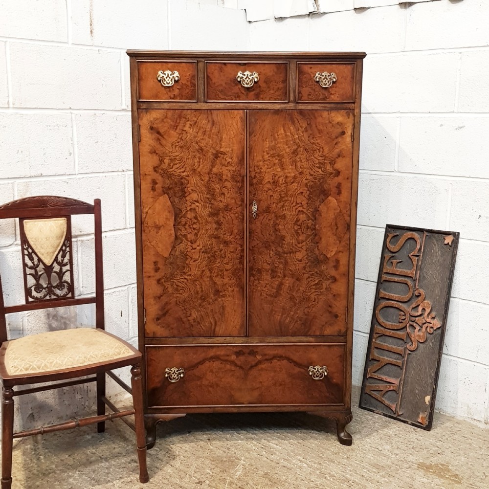 ANTIQUE BURR WALNUT TALL BOY CABINET C1920