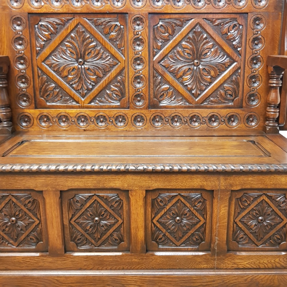 ANTIQUE CARVED OAK MONKS BENCH C1920 View II