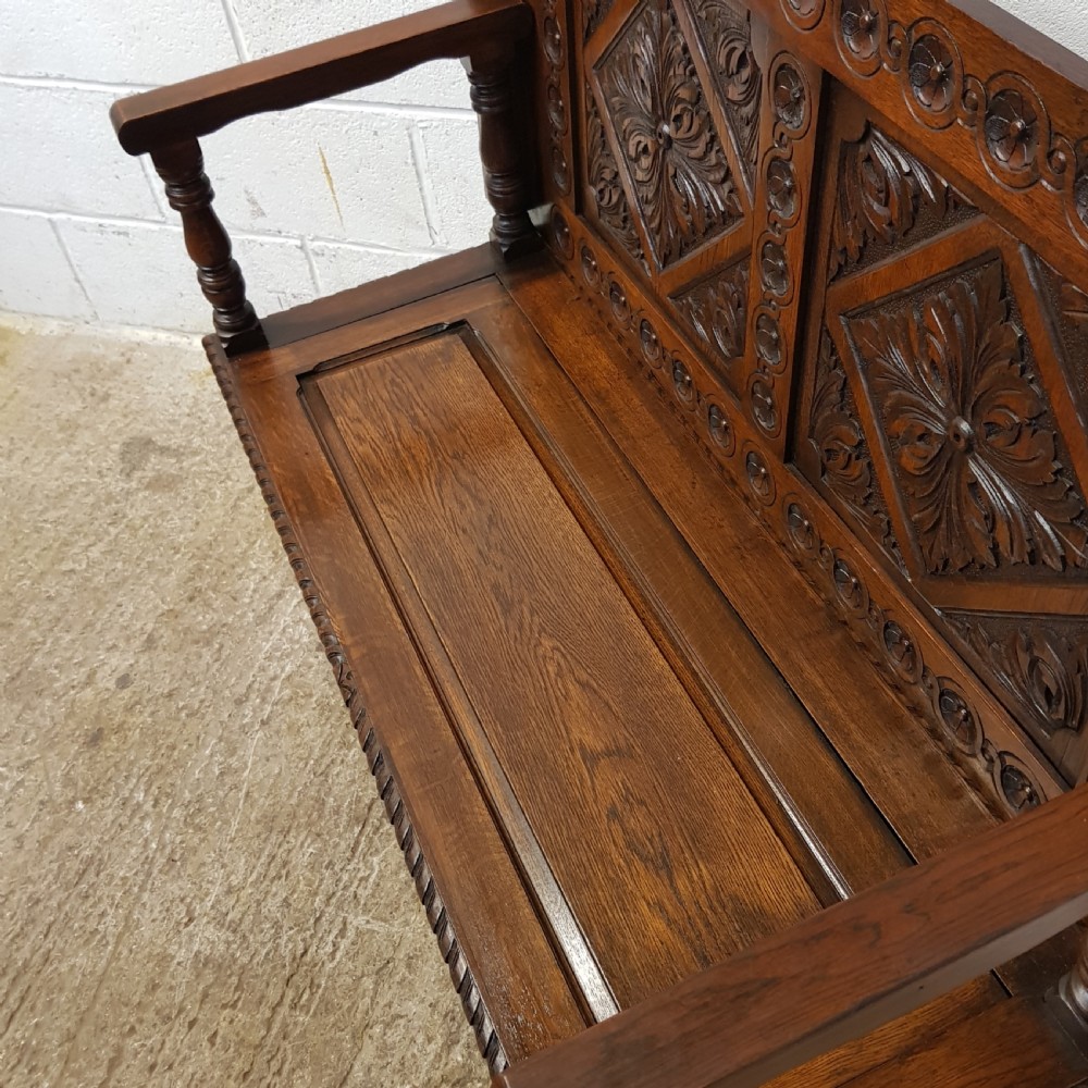 ANTIQUE CARVED OAK MONKS BENCH C1920 View III