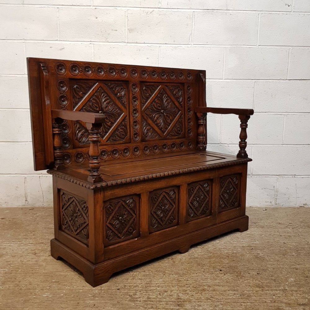 ANTIQUE CARVED OAK MONKS BENCH C1920 View IV
