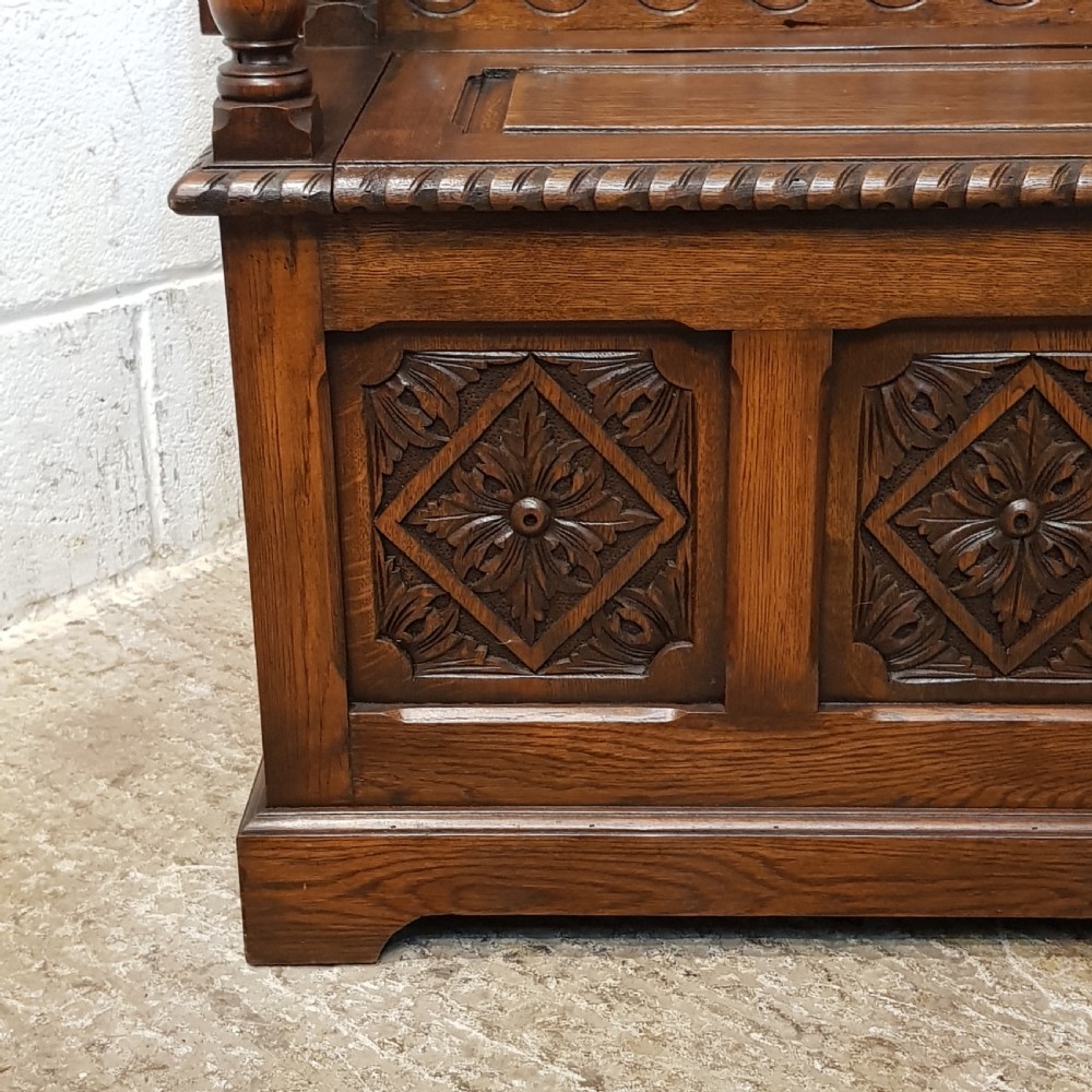 ANTIQUE CARVED OAK MONKS BENCH C1920 View V