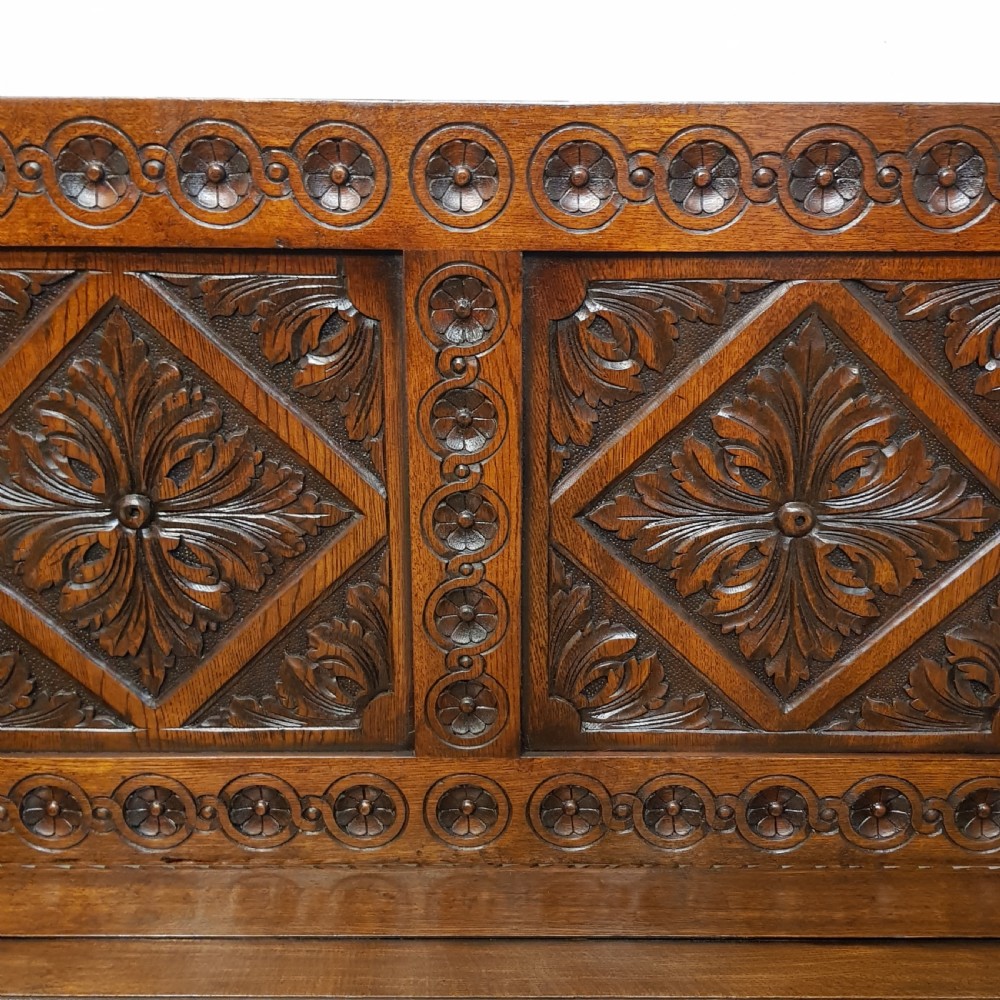 ANTIQUE CARVED OAK MONKS BENCH C1920 View VI