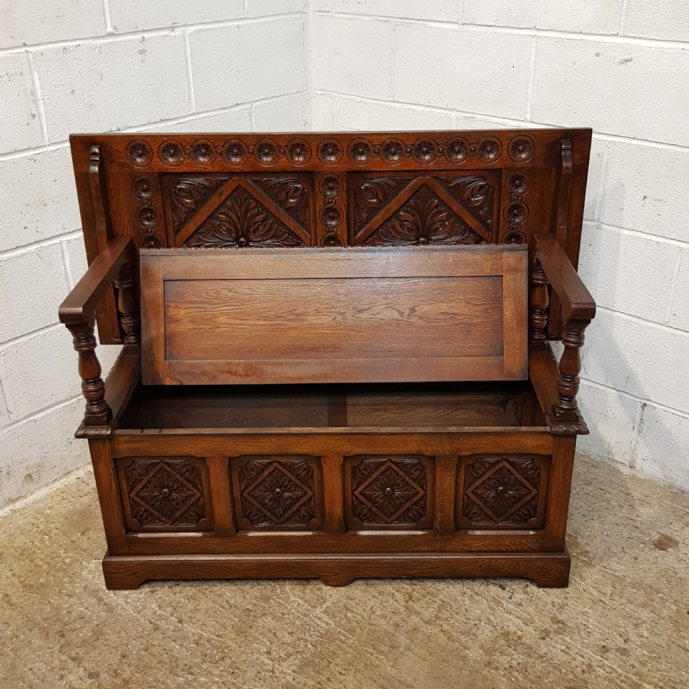 ANTIQUE CARVED OAK MONKS BENCH C1920 View VII