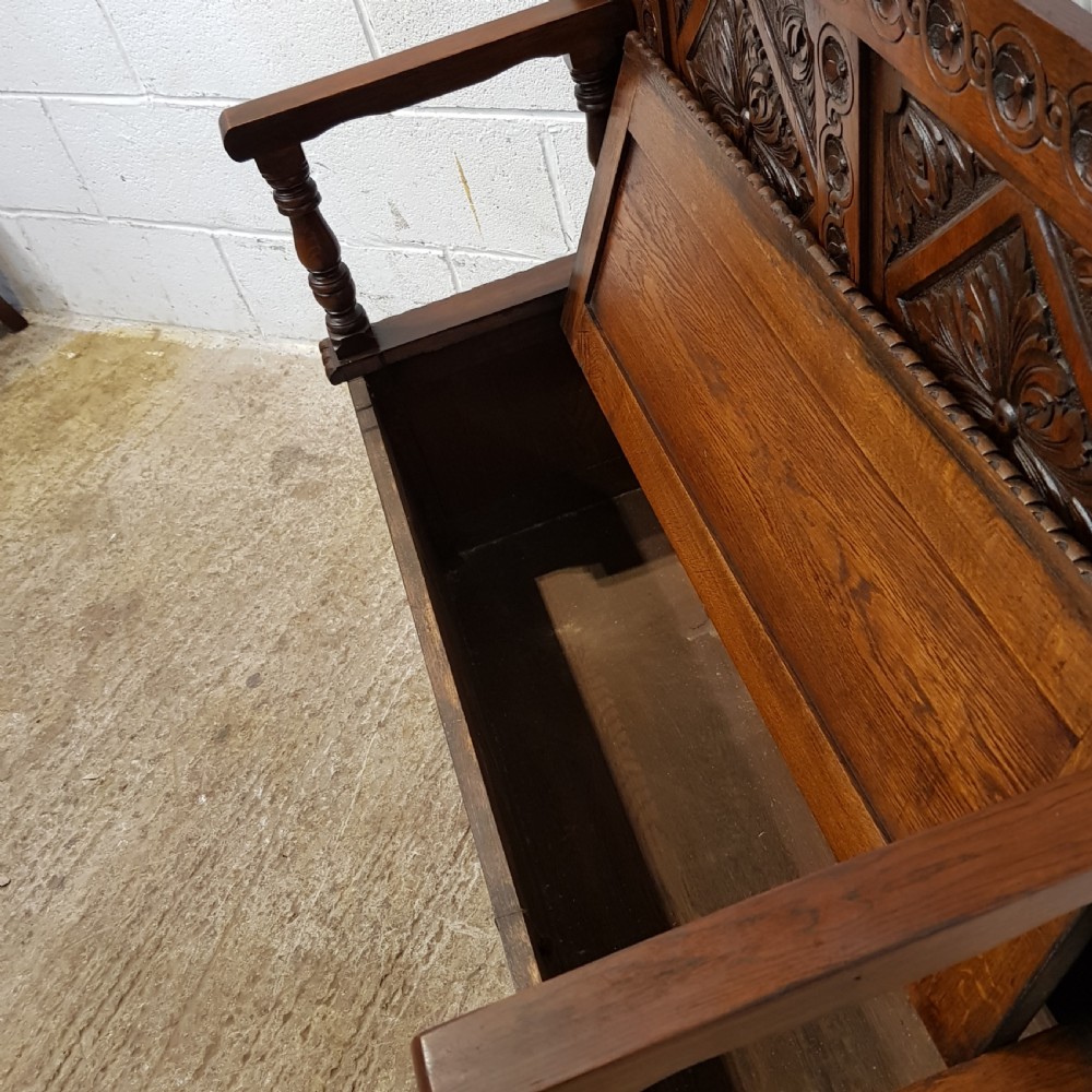 ANTIQUE CARVED OAK MONKS BENCH C1920 View VIII