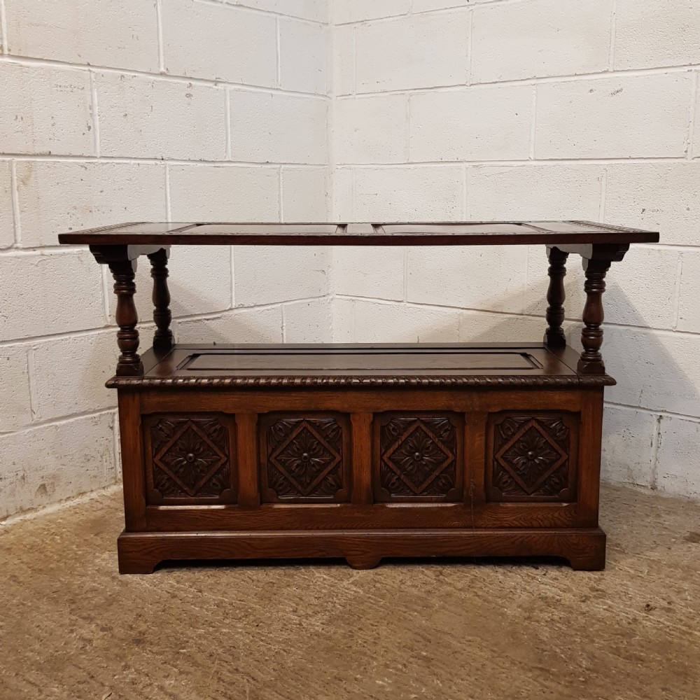 ANTIQUE CARVED OAK MONKS BENCH C1920 View X