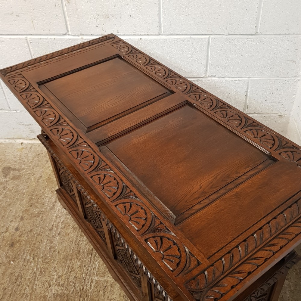 ANTIQUE CARVED OAK MONKS BENCH C1920 View XI