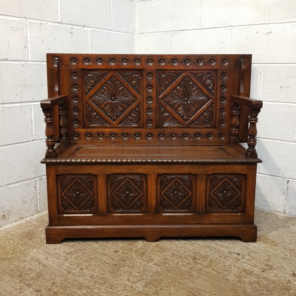 ANTIQUE CARVED OAK MONKS BENCH C1920 View XII