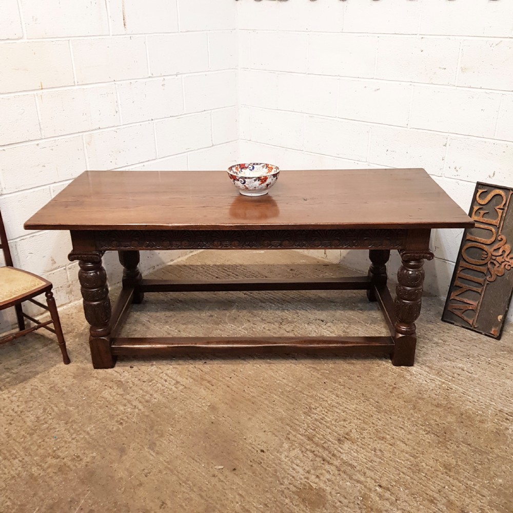 ANTIQUE CARVED OAK REFECTORY DINING TABLE C1920 View X