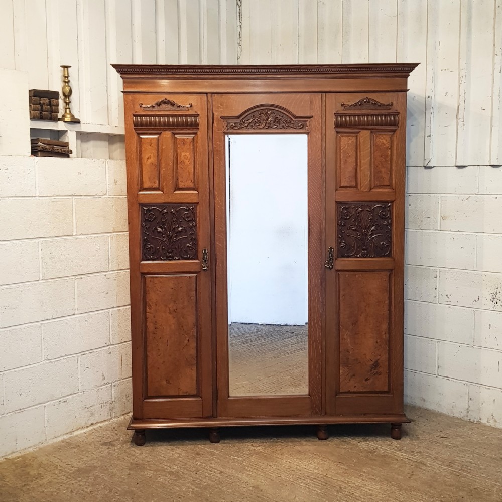 ANTIQUE EDWARDIAN SMALL OAK & BURR WALNUT TRIPLE WARDROBE C1900 View II