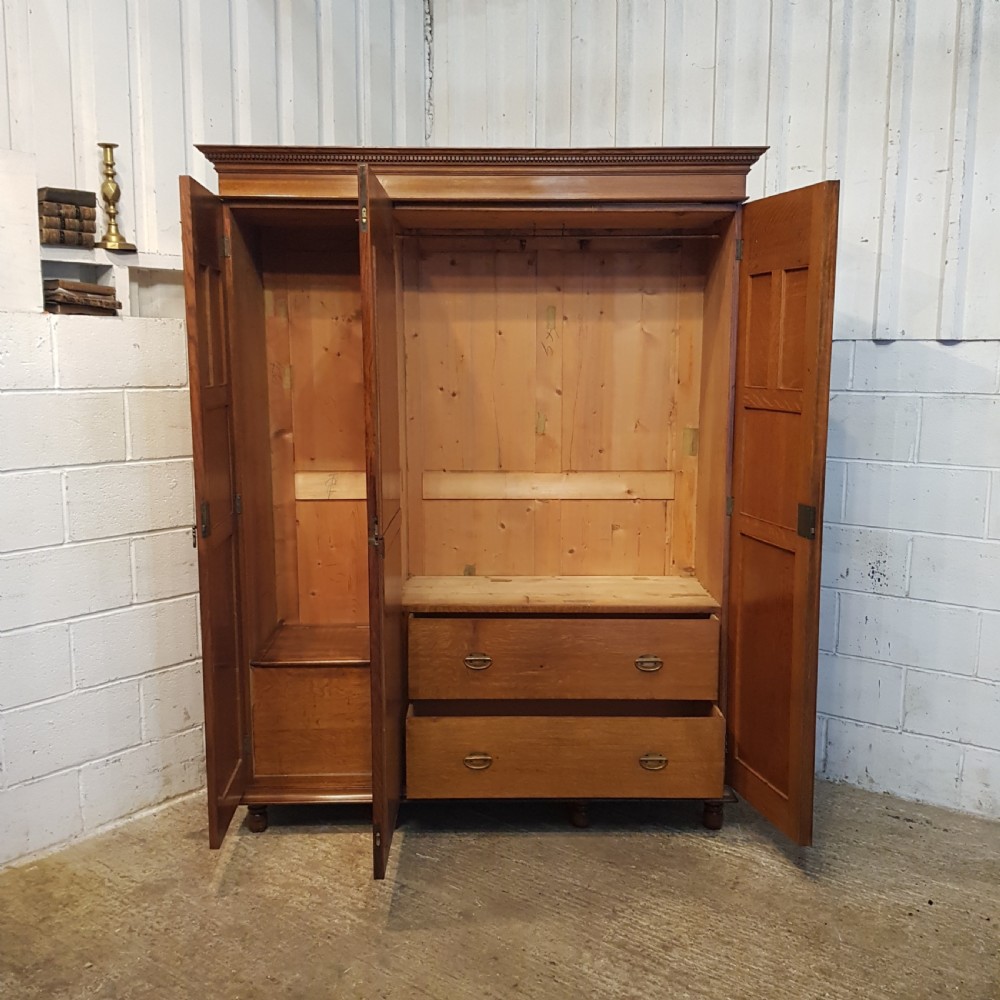ANTIQUE EDWARDIAN SMALL OAK & BURR WALNUT TRIPLE WARDROBE C1900 View V