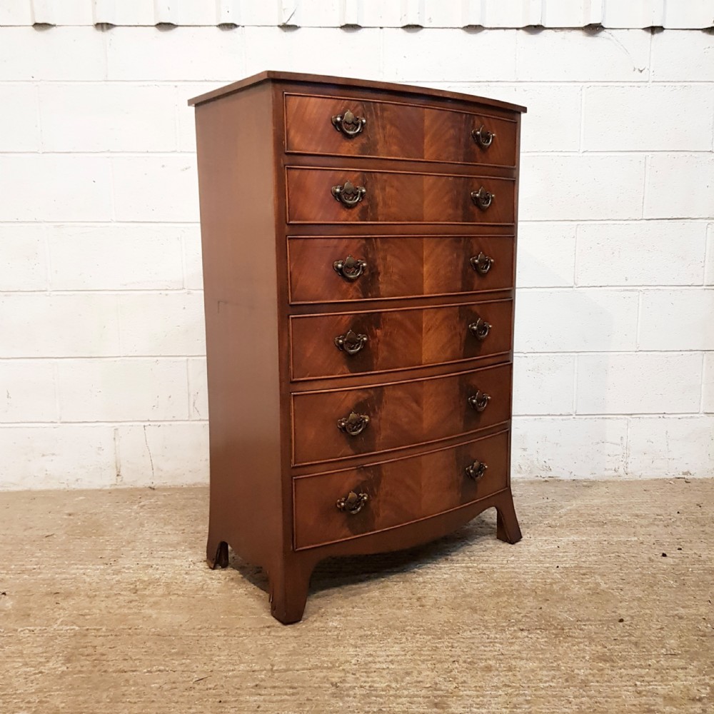 ANTIQUE TALL NARROW MAHOGANY BOW FRONT CHEST OF DRAWERS C1920 View II
