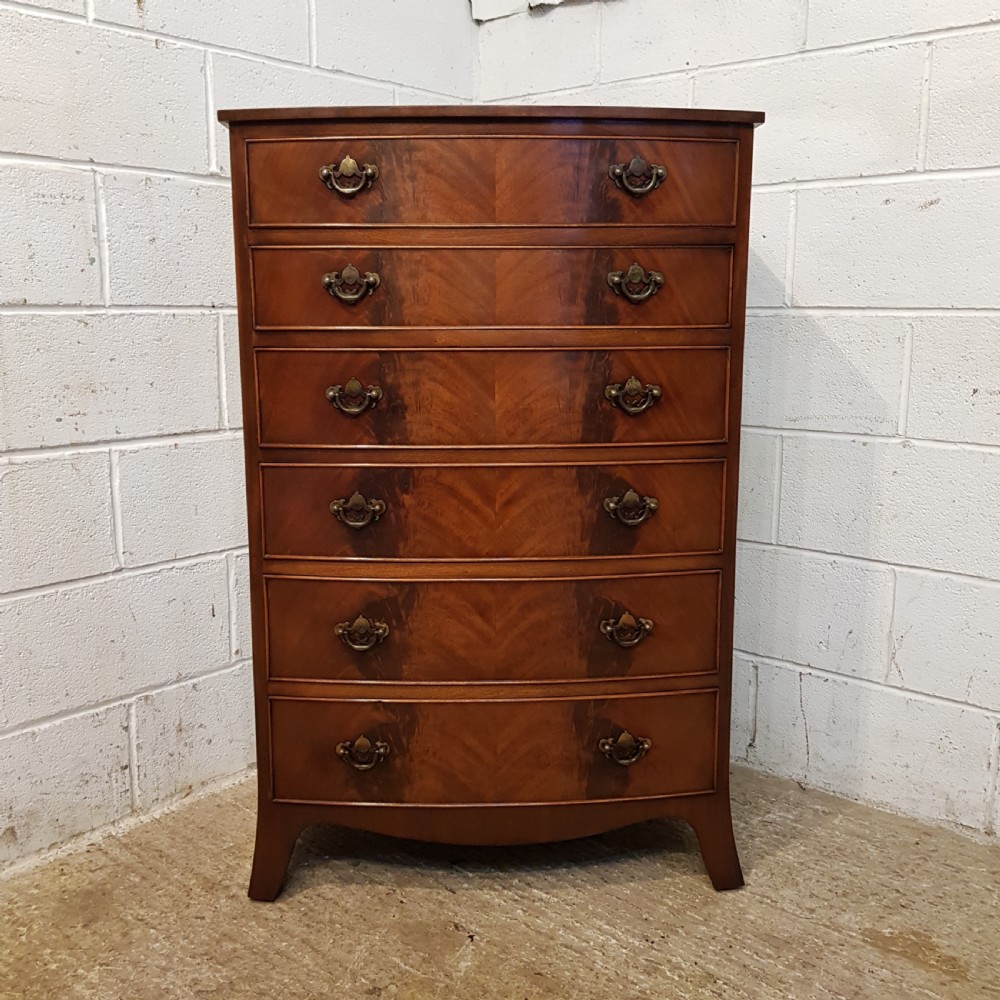 ANTIQUE TALL NARROW MAHOGANY BOW FRONT CHEST OF DRAWERS C1920 View III