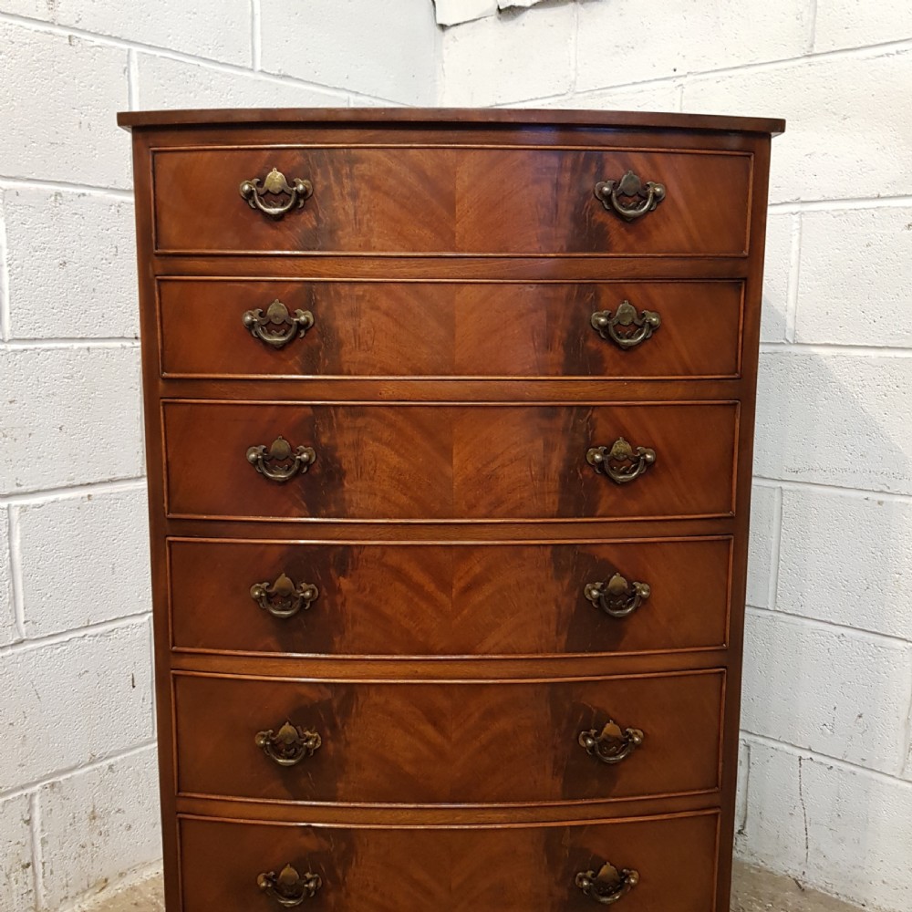 ANTIQUE TALL NARROW MAHOGANY BOW FRONT CHEST OF DRAWERS C1920 View IV