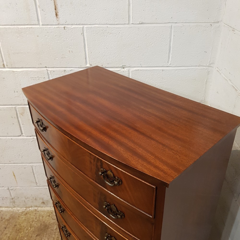 ANTIQUE TALL NARROW MAHOGANY BOW FRONT CHEST OF DRAWERS C1920 View V