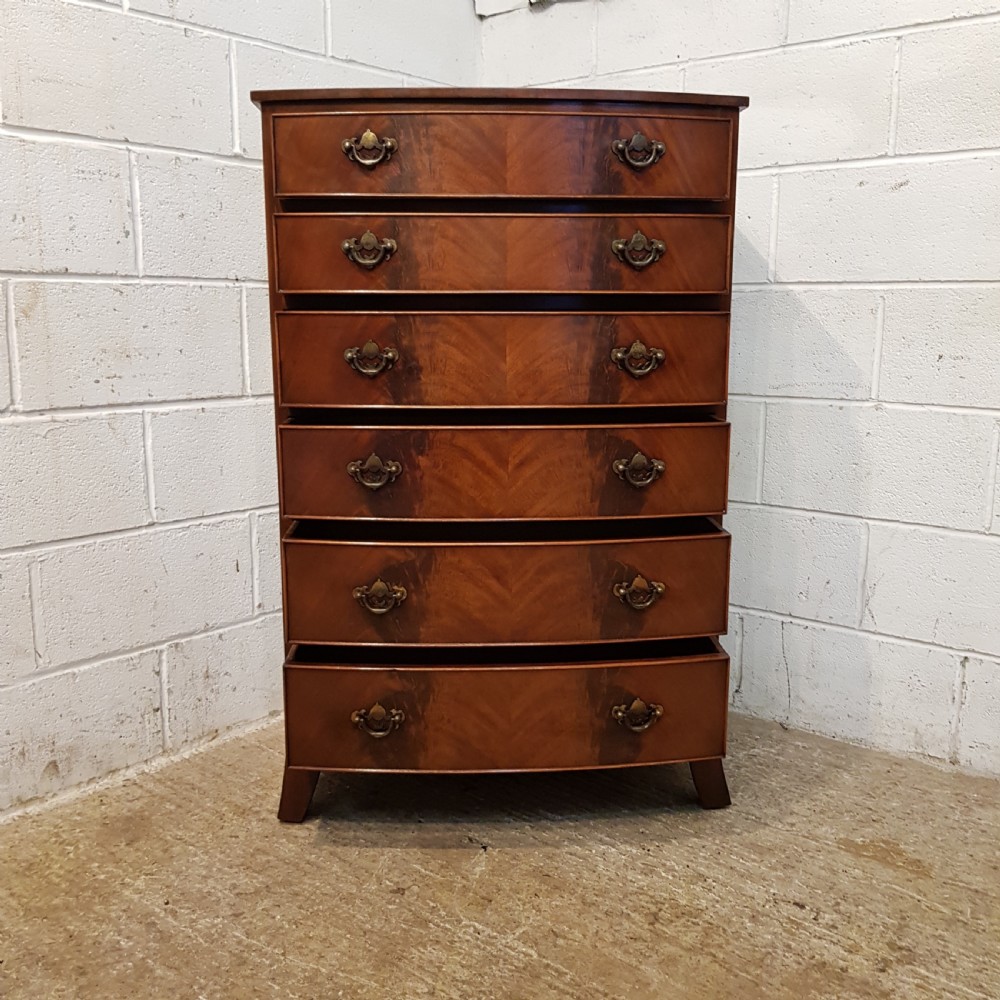 ANTIQUE TALL NARROW MAHOGANY BOW FRONT CHEST OF DRAWERS C1920 View VI