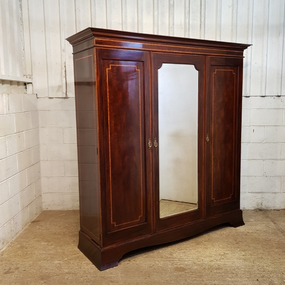 ANTIQUE EDWARDIAN INLAID MAHOGANY TRIPLE WARDROBE BY MAPLES & CO. C1900 View IV