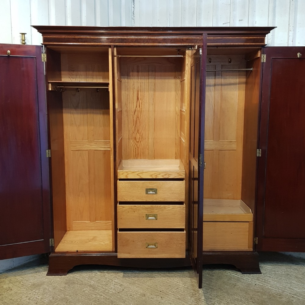 ANTIQUE EDWARDIAN INLAID MAHOGANY TRIPLE WARDROBE BY MAPLES & CO. C1900 View VI