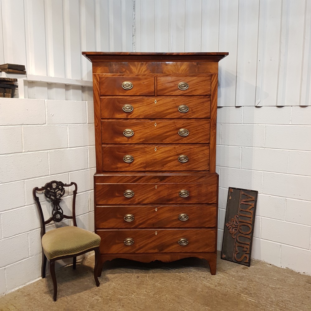 ANTIQUE WILLIAM 1V FLAMED MAHOGANY CHEST ON CHEST OF DRAWERS C1830