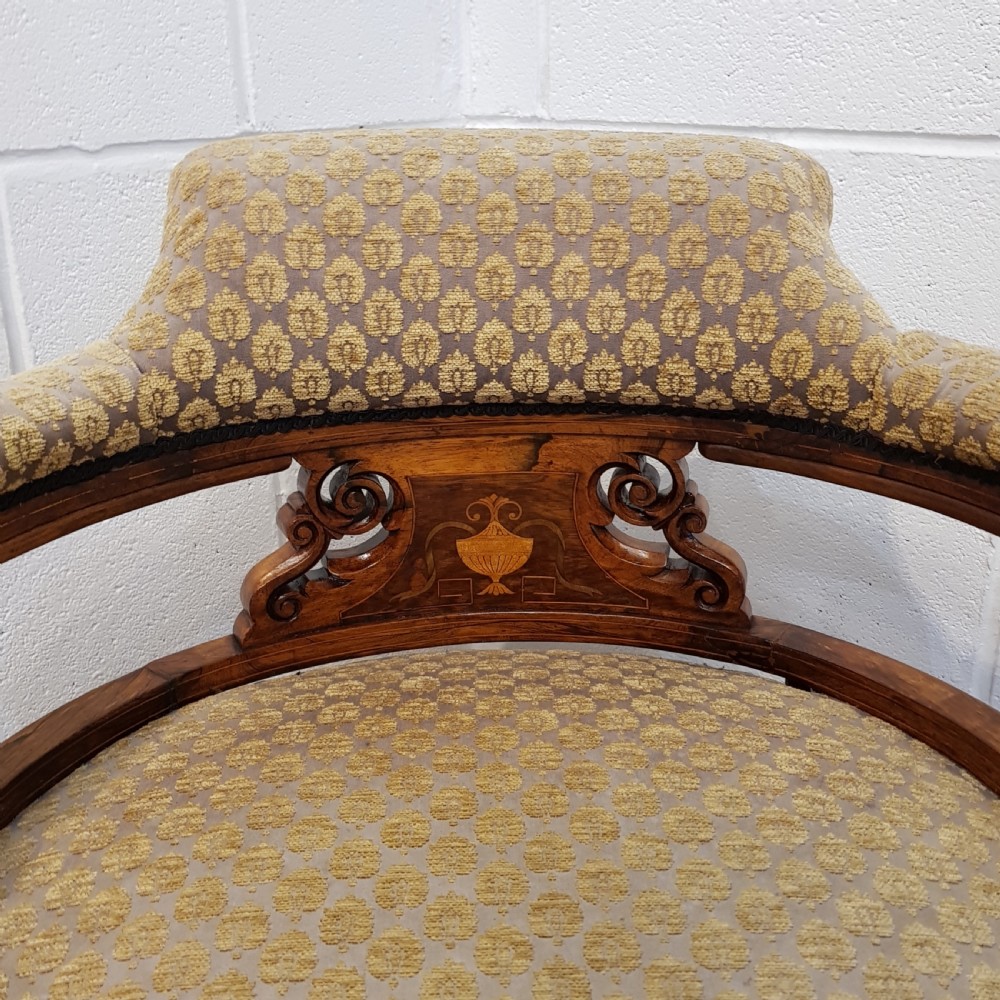 ANTIQUE LARGE VICTORIAN INLAID ROSEWOOD TUB ARMCHAIR  C1880 View III