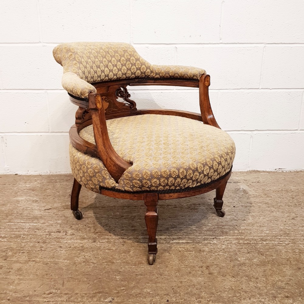 ANTIQUE LARGE VICTORIAN INLAID ROSEWOOD TUB ARMCHAIR  C1880 View V