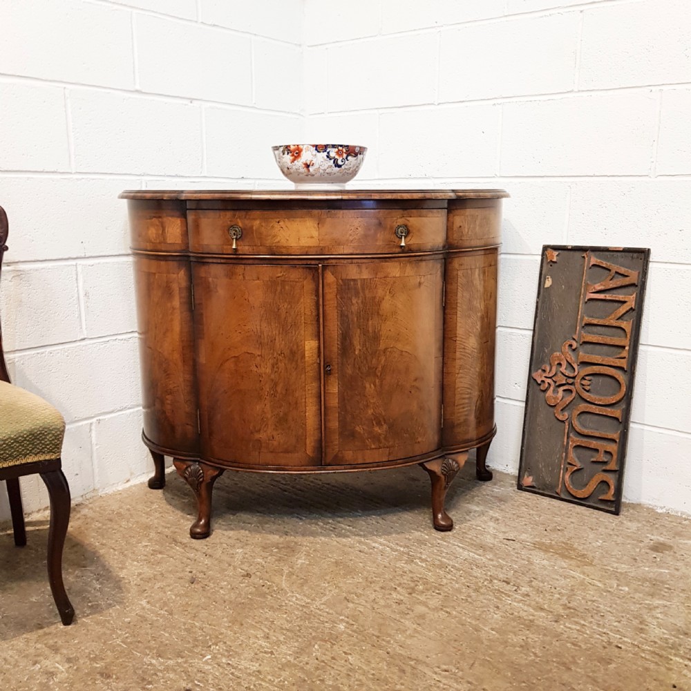 ANTIQUE BURR WALNUT SERPENTINE SHAPED SIDE CABINET C1920
