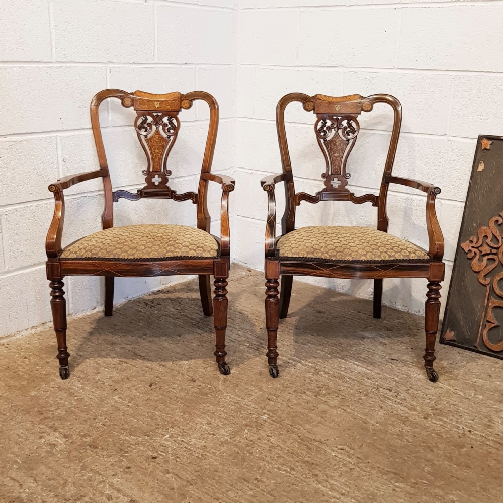 PAIR ANTIQUE VICTORIAN CHIPPENDALE INLAID ROSEWOOD SALON CHAIRS C1880