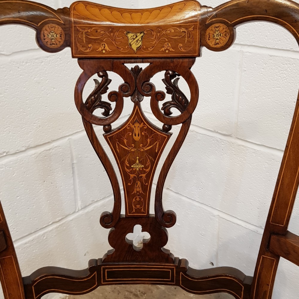 PAIR ANTIQUE VICTORIAN CHIPPENDALE INLAID ROSEWOOD SALON CHAIRS C1880 View IV