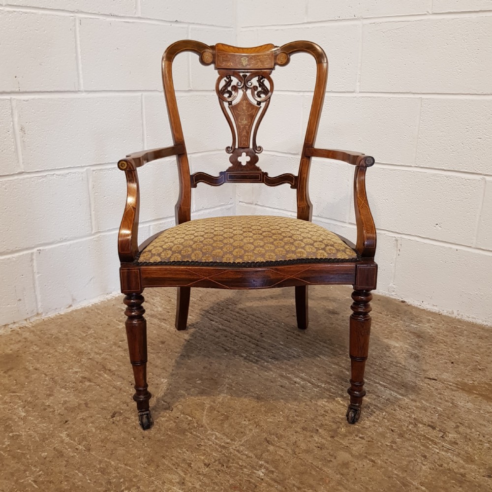 PAIR ANTIQUE VICTORIAN CHIPPENDALE INLAID ROSEWOOD SALON CHAIRS C1880 View VI