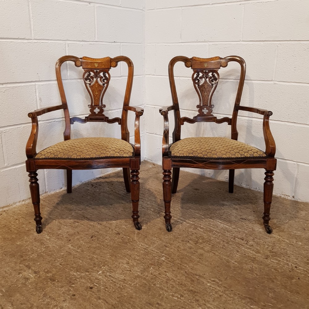 PAIR ANTIQUE VICTORIAN CHIPPENDALE INLAID ROSEWOOD SALON CHAIRS C1880 View VII