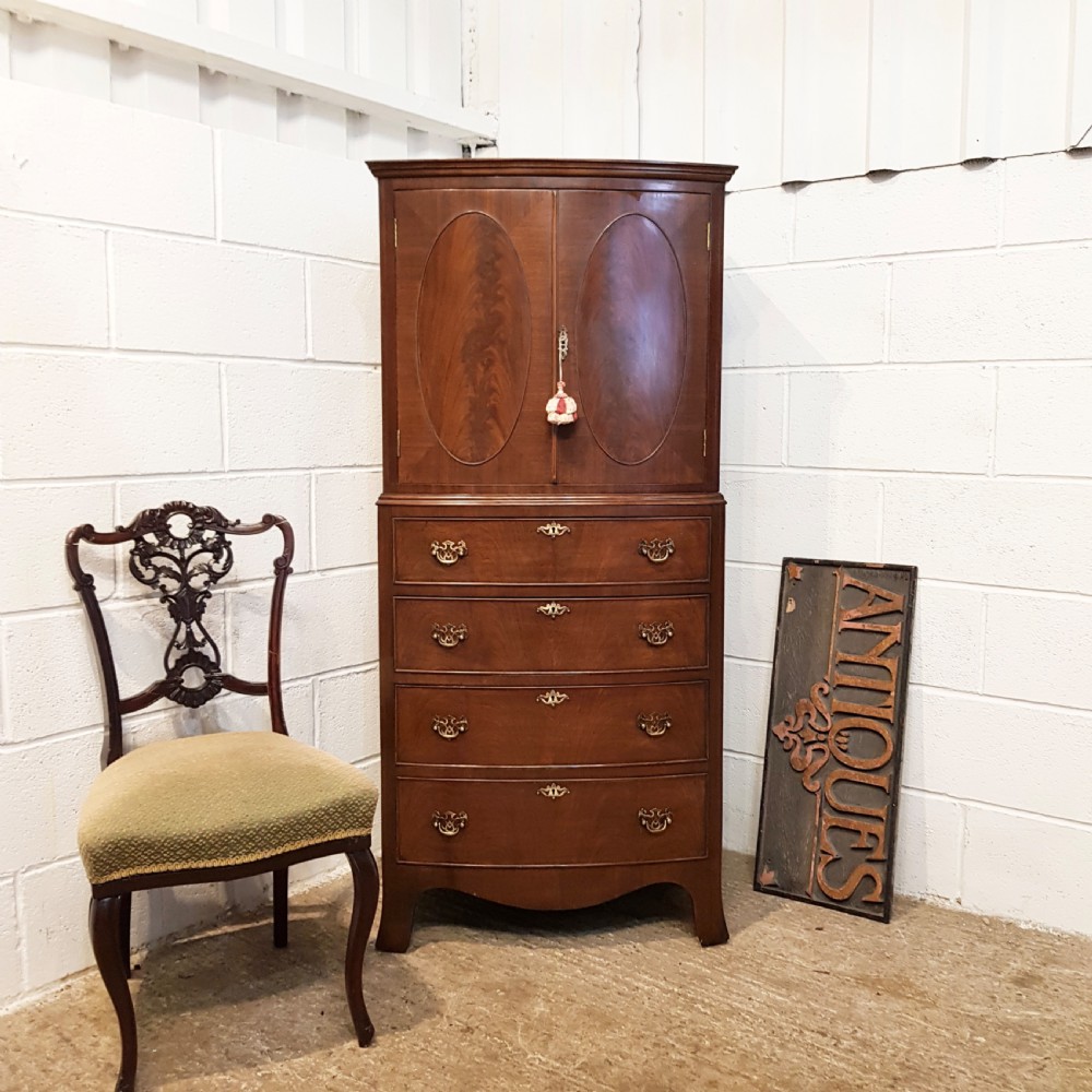 ANTIQUE SMALL BOW FRONT MAHOGANY CABINET ON CHEST OF DRAWERS C1920