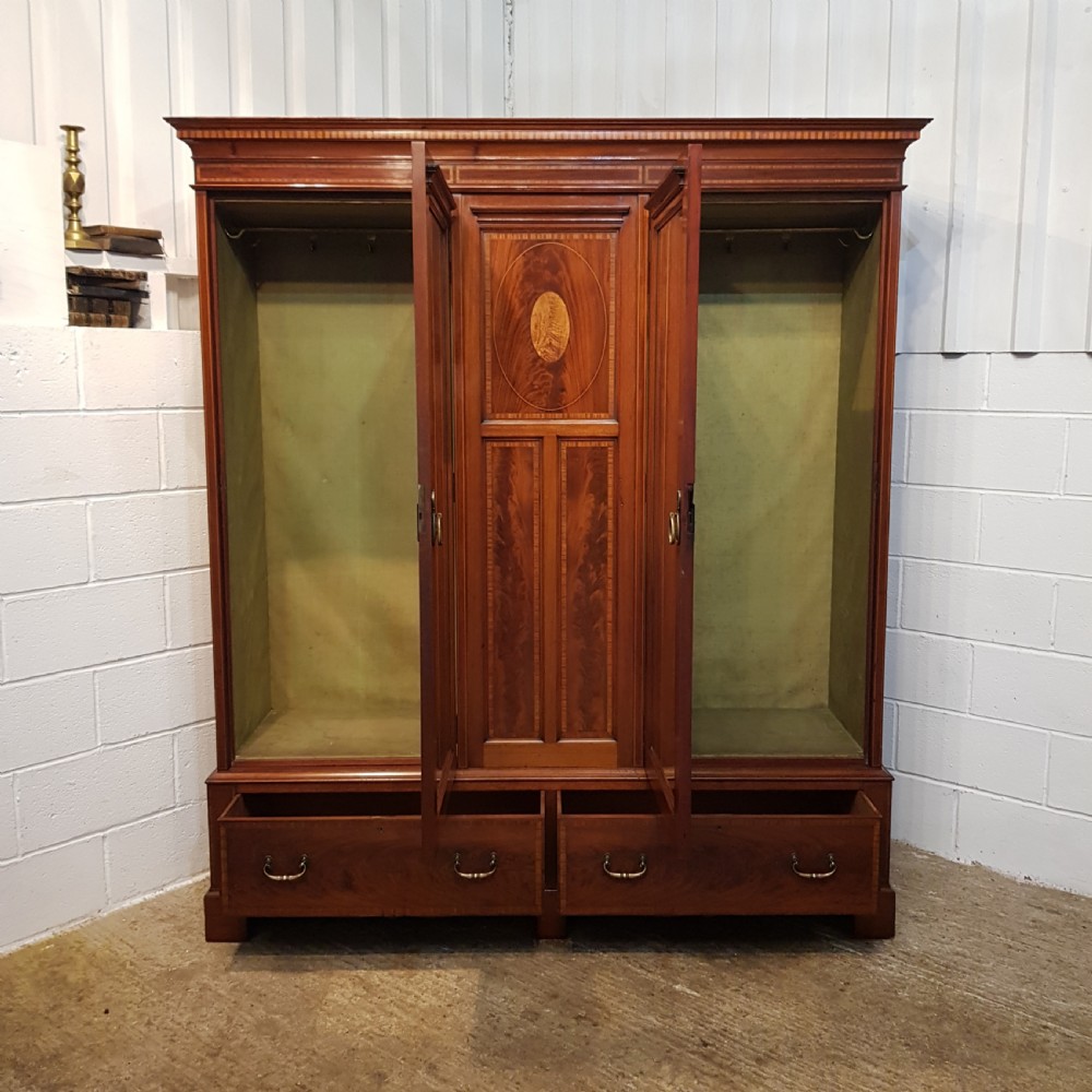ANTIQUE LATE VICTORIAN INLAID MAHOGANY TRIPLE WARDROBE C1890 View IV
