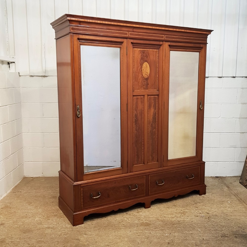 ANTIQUE LATE VICTORIAN INLAID MAHOGANY TRIPLE WARDROBE C1890 View VII