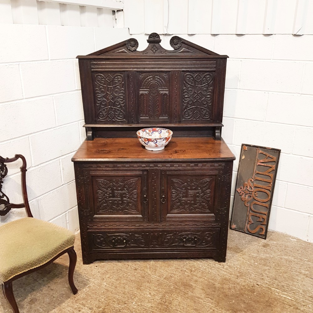 ANTIQUE GEORGE 1V CARVED COUNTRY OAK SMALL SIDEBOARD C1820-30