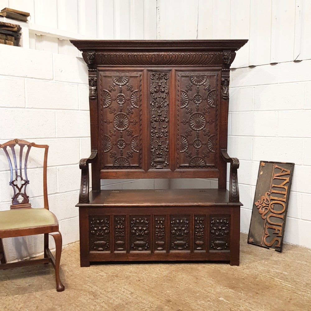 ANTIQUE VICTORIAN CARVED OAK HIGH BACKED  BOX SETTLE C1880