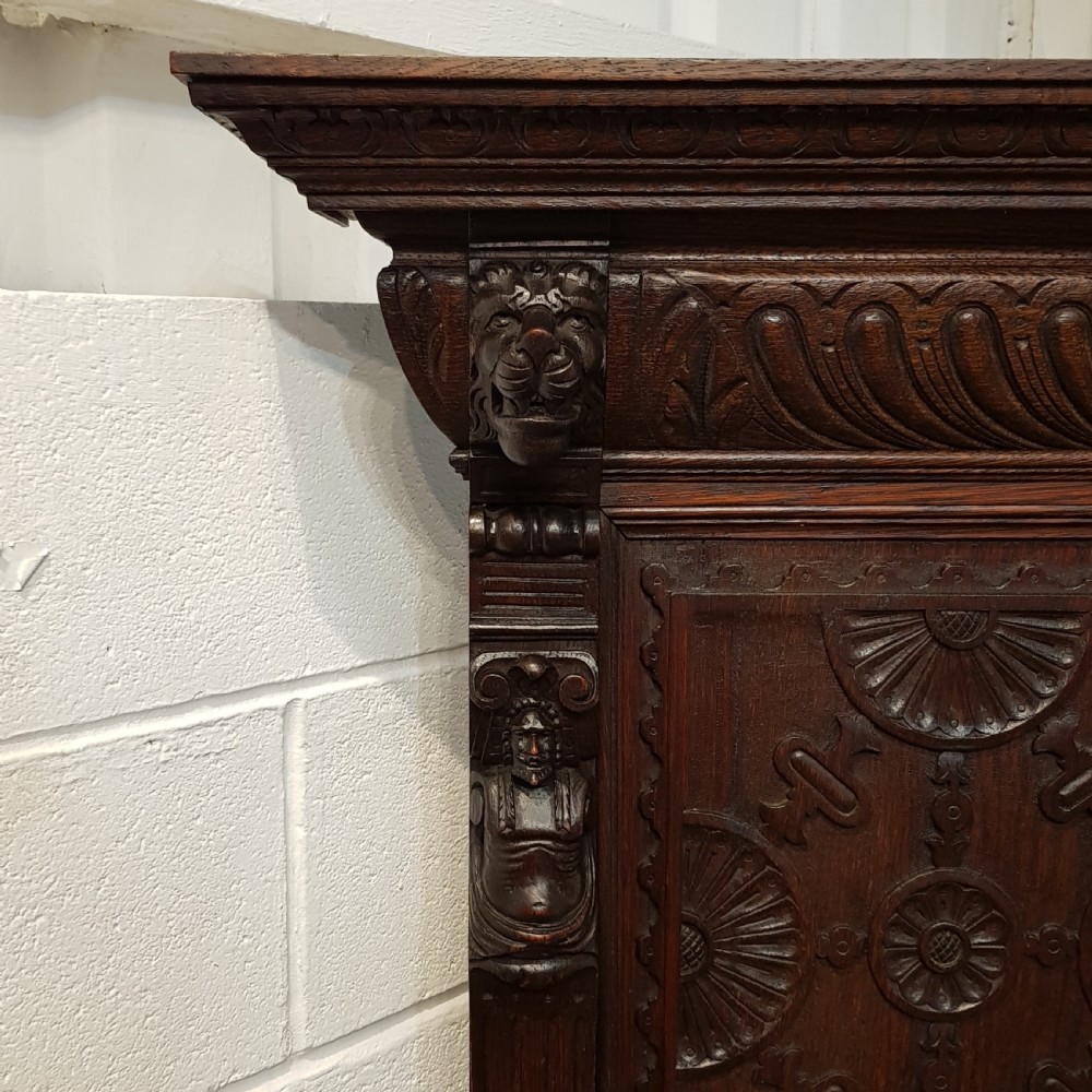 ANTIQUE VICTORIAN CARVED OAK HIGH BACKED  BOX SETTLE C1880 View III