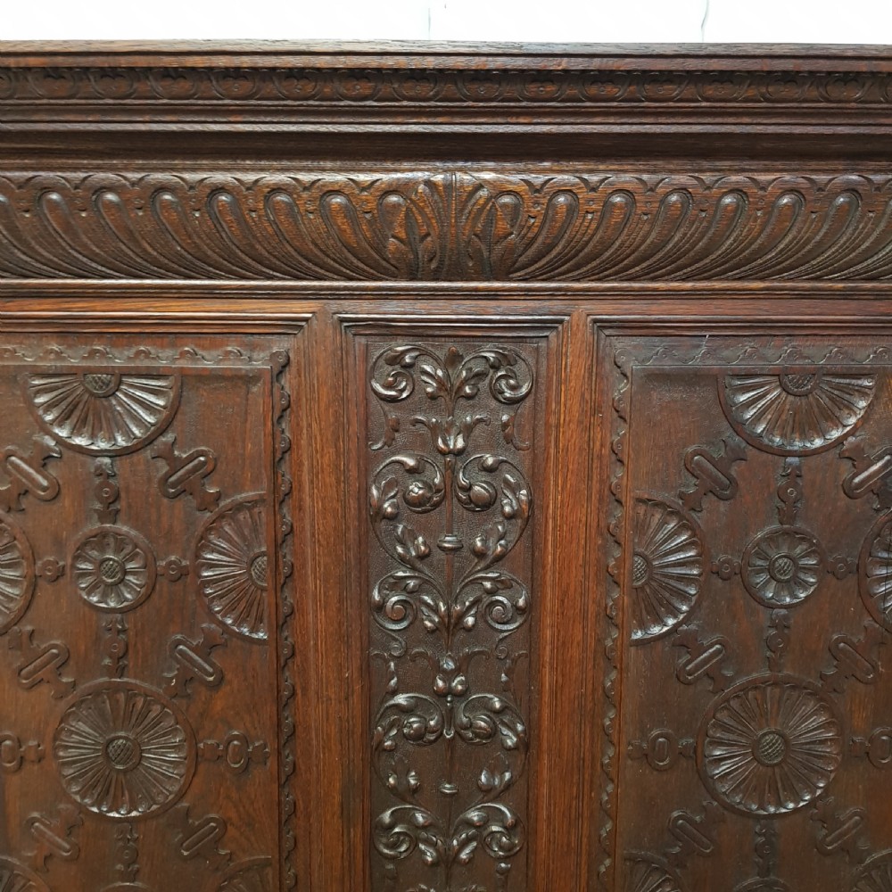 ANTIQUE VICTORIAN CARVED OAK HIGH BACKED  BOX SETTLE C1880 View IV