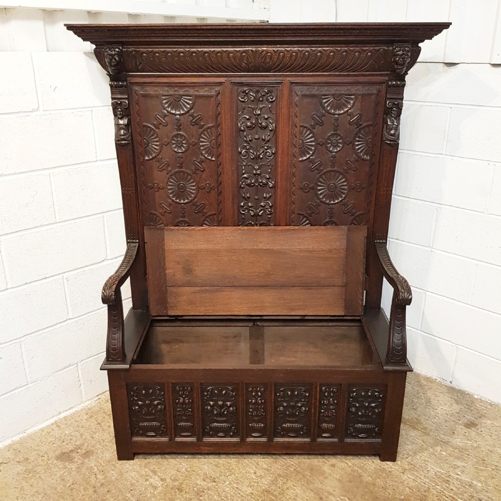 ANTIQUE VICTORIAN CARVED OAK HIGH BACKED  BOX SETTLE C1880 View V