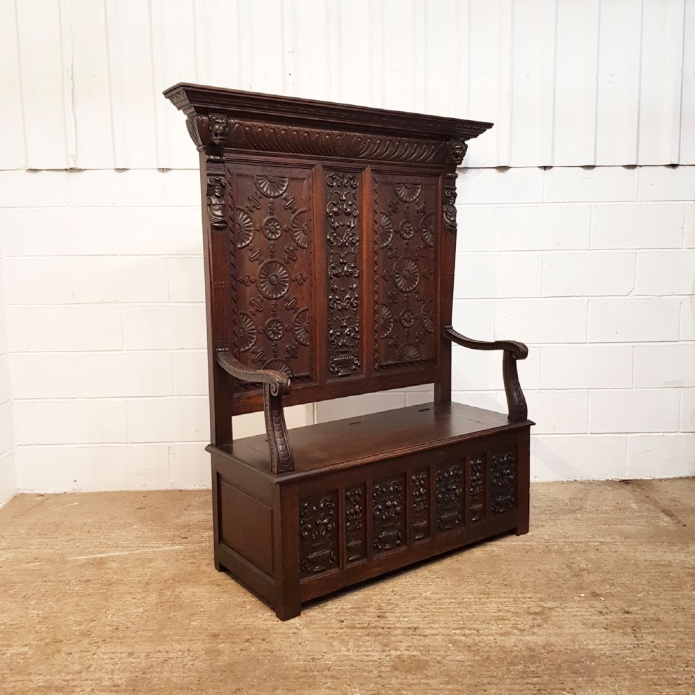 ANTIQUE VICTORIAN CARVED OAK HIGH BACKED  BOX SETTLE C1880 View VI