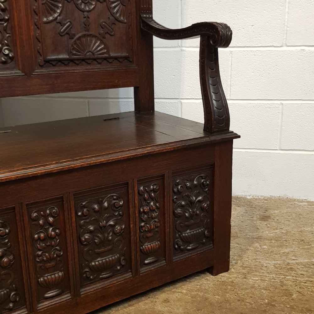 ANTIQUE VICTORIAN CARVED OAK HIGH BACKED  BOX SETTLE C1880 View VII