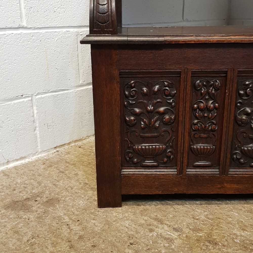 ANTIQUE VICTORIAN CARVED OAK HIGH BACKED  BOX SETTLE C1880 View VIII