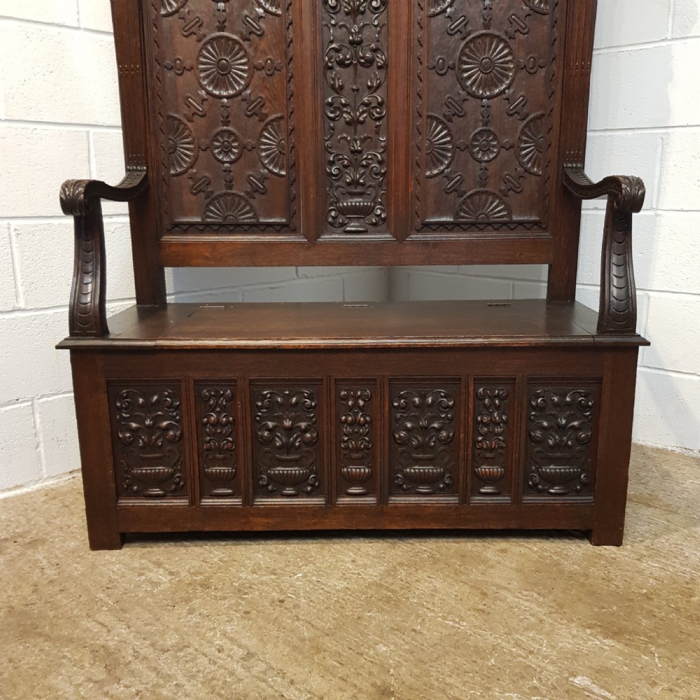 ANTIQUE VICTORIAN CARVED OAK HIGH BACKED  BOX SETTLE C1880 View IX
